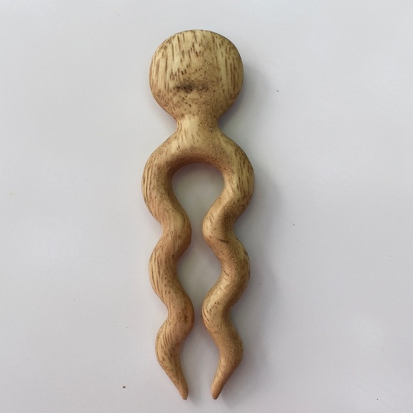 Decorative whimsical smile wood hair pin hand carved